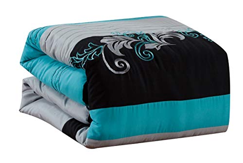Chezmoi Collection Napa 7-Piece Luxury Leaves Scroll Embroidery Bedding Comforter Set (Full, Teal Blue/Gray/Black) Chezmoi Collection