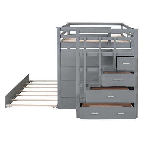 Full Over Full Bunk Bed with Trundle & Drawers & Storage Staircase,Wooden Full Triple Bunk Bed Frame with Full-Length Safety Guardrails and Headboard for Kids Teens Bedroom,Wood Slat Support,Gray Harper & Bright Designs