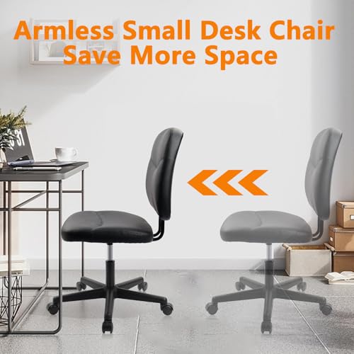 CLATINA Armless Home Office Chair, Small PU Leather Ergonomic Low Back Desk Chair with Lumbar Support and Wheels, Adjustable Height 360° Swivel Rolling Computer Task Chair, Black CLATINA