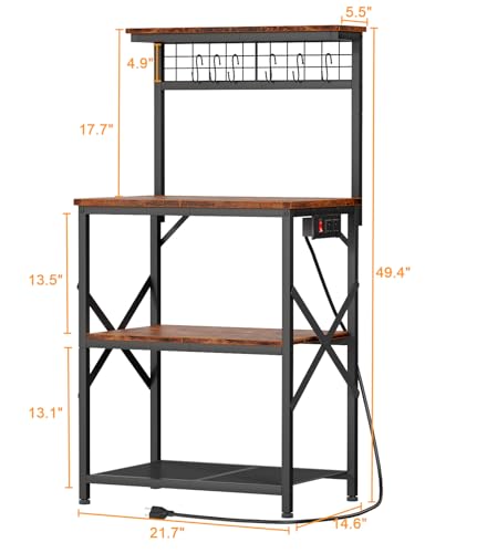 Furologee Rustic Brown Kitchen Bakers Rack with Power Outlet and 4 Tiers of Storage Furologee