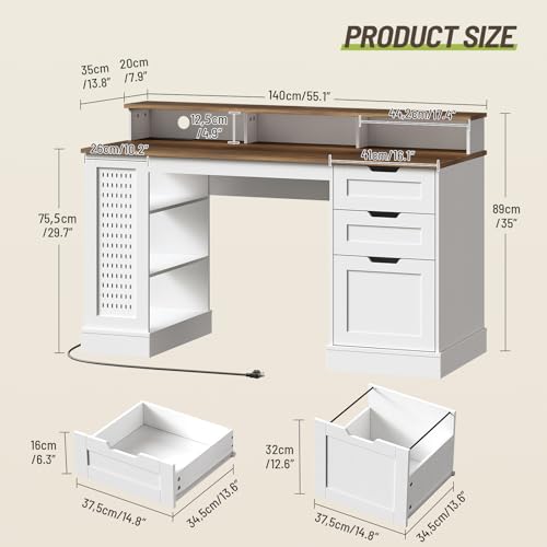 STHYTON 55inch Farmhouse Executive Desk with 2 Drawers and File Cabinet, Computer Desk with 3-Tier Storage Shelves, Home Office Desk with Charging Station, Pegboard and Monitor Shelf, White and Walnut STHYTON