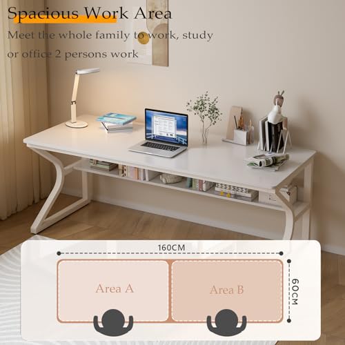 OSCHF Extra Long Desk with Bookshelf - 63" Double Long Writing Table for 2-Person Workstation, Modern Study Work Computer Desk for Home and Office, Warm White OSCHF