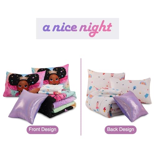 A Nice Night Black Girl Princess with Wings Comforter Set,Pink Gradient Glitter Rainbow Galaxy 6pcs Kids Bedding Set,Twin A Nice Night