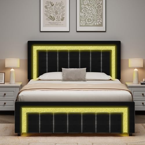 Queen Size Bed Frame with LED Lights and Velvet Upholstered Headboard, Bed Frame Queen Size with Modern Diamond Headboard Adjustable, Wooden Slats Support, Noise Free, No Box Spring Needed, Black HOMBCK