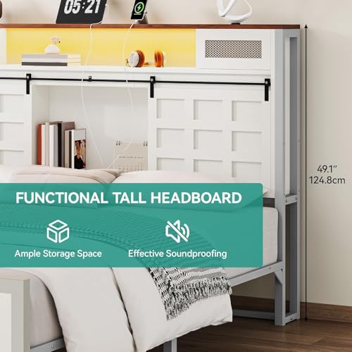 YITAHOME Farmhouse King Size Bed Frame with Charging Station and Led Light, Wooden Platform Tall Storage Headboard Bed Frame, Sliding Barn Door, Metal Slats Support, No Box Spring Needed, White YITAHOME