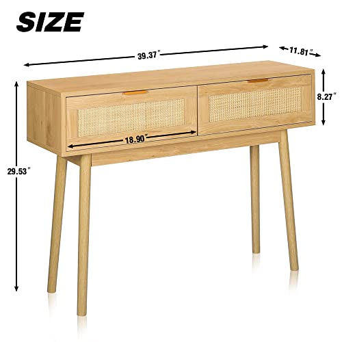 LAZZO 39" Console Table, Oak Grain Sofa Table with Wood Frame, Rustic Hallway Table with 2 Bamboo Weaving Storage Drawers for Foyer Living Room Entryway LAZZO