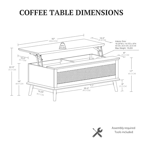 INK+IVY Coffee Table for Living Room Lift-Top Design with Storage, with Rattan Accent, Mid-Century Modern Décor Compact Furniture for Apartment, Home Office, 42" W, Natural INK+IVY