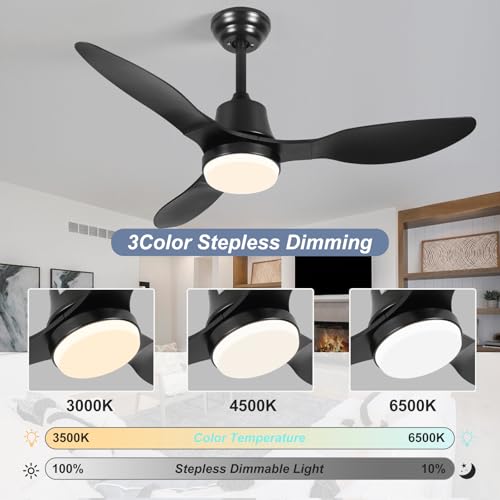 42 Inch Smart Ceiling Fans with Lights Remote LED Dimmable,Outdoor Indoor Modern Ceiling Fan Controlled by WiFi Alexa App,FCC Quiet DC Motor,3 Black Blades for Bedroom Living Room Patio Porch LINJO