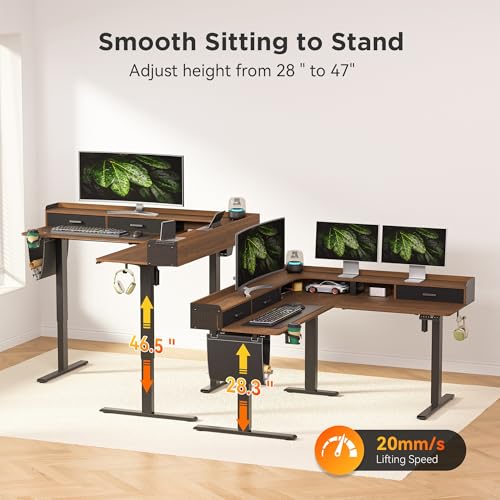WALKINGDESK 63 Inches Height Adjustable L Shaped Standing Desk with 3 Drawers and Monitor Shelf, Electric Sit to Stand Home Office Comupter Table, Ergonomic Corner Gaming Desk, Black Walnut WALKINGDESK