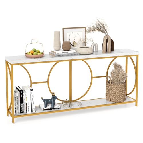 GOFLAME 71” Extra Long Console Table, 2-Tier Faux Marble Entryway Table with Storage Shelf, Geometric Metal Frame, Modern Gold Accent Table, Narrow Sofa Table for Living Room, Hallway GOFLAME