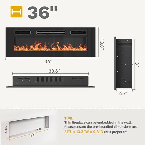 DWVO 36 Inches Electric Fireplace, Recessed or Wall Mounted, Fireplace Heater with Remote Control, Adjustable Temperature, 8H Timer, Adjustable Flame Color and Brightness, 120V 1500W, Crystal DWVO