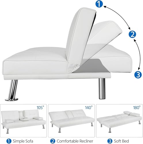 Pu Leather Convertible Futon Sofa Bed,Modern Couch Loveseat Sleeper, 3 in 1 Comfy Folding Recliner Couches Bed for Small Spaces Living Room, Adjustable Backrest, 2 Cupholders for Office (White) Xinmviec