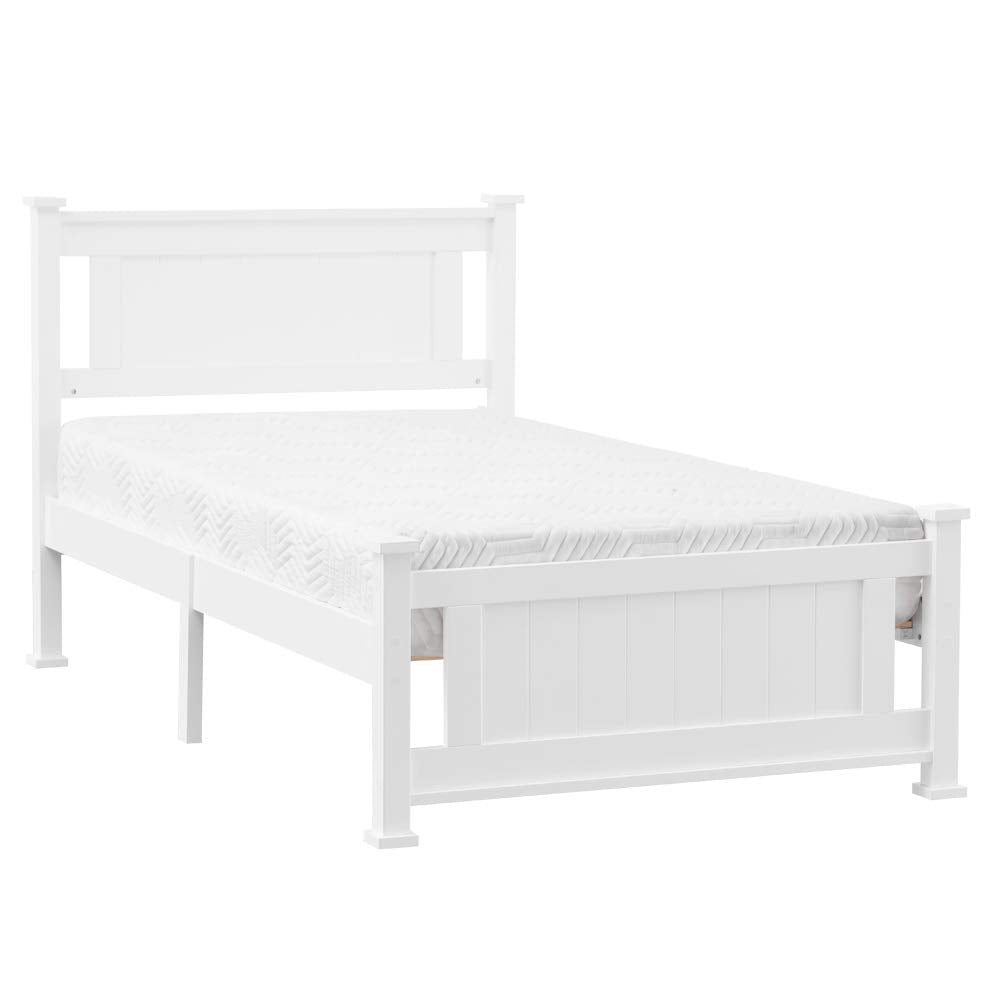 Bonnlo Twin Size Solid Wood Platform Bed Frame, Single Bed with Headboard, No Box Spring Needed Panel Bed, Wood Slat Support Mattress Foundation, White Bonnlo