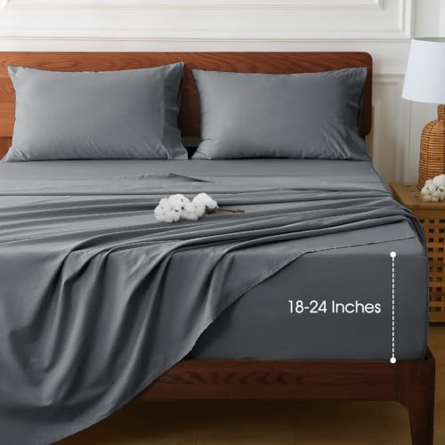 HYPREST Extra Deep Pocket Twin Sheet Sets Fits 18"-24" in Deep Mattress -100% Cotton Sheets,Grey Hotel Luxury Soft Wrinkle Free Cooling Sheet Sets for Twin Bed Deep Pocket HYPREST