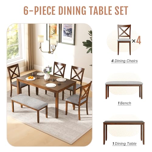 Zevemomo 6-Piece Solid Wood Dining Table Set, Including 1 Dining Table, 4 Upholstered Chairs and 1 Bench, Wooden Dining Table Set for Kitchen, Dining Room, Walnut Zevemomo