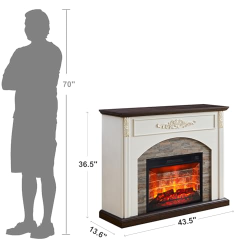 44Inch Electric Fireplace with Mantel, White Fireplace Heater with LED Flame, Corner Firebox with 23" Red Brick Firep lace Insert for Bedroom,Living Room BOSHIRO