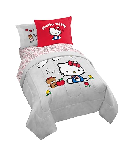 Jay Franco Sanrio Hello Kitty Full Size Comforter Set - 7 Piece Red & Grey Bedding Includes Sheet Set & Pillow Covers - Super Soft Cozy Kawaii Bedding Jay Franco