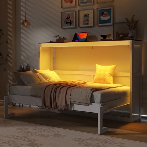Merax Twin Size Murphy Bed with LED Light, Foldable Bed Frame with Storage Shelf, Murphy Cabinet with Foldable Panel, Wood Hidden Wall Bed Cabinet, for Bedroom, Small Room, Office,White Merax