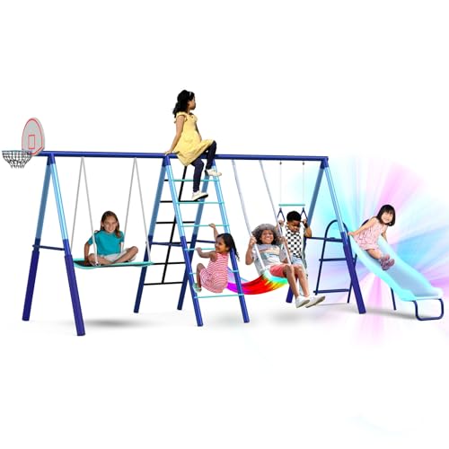 Sportspower Ramona Metal Swing Set 7-in 1: 3 Swings, Climbing Ladder and net, Basketball Hoop, and 5-ft Blow Molded Slide, 700lb Capacity, Yellow & Blue, Bonus Anchor kit Included Sportspower