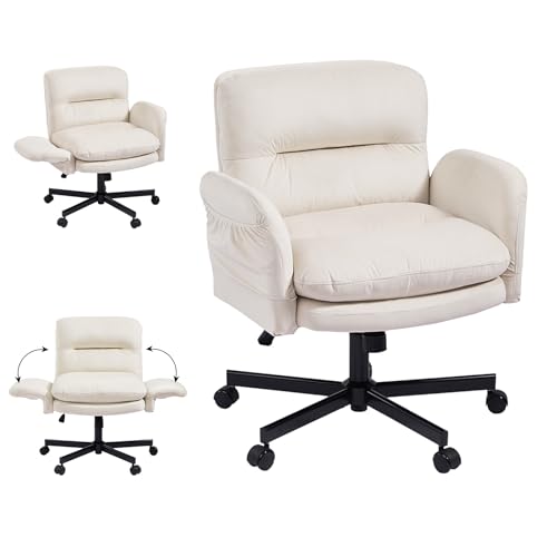 Bestier Criss Cross Office Chair with Flip-Up Arms, Vanity Comfy Chair with Thick Cushion & Wheels, Cross Legged Office Chair for Home Office, Bedroom, Beige Velvet Bestier