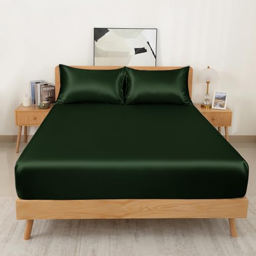 NSGZ 3 Pcs Satin Fitted Sheet and Pillowcase Set, Queen Silky Bottom Bedsheet Fit up to 15 Inch Deep Pocket Mattress, Dark Green Soft Satin Bedding Includes 1 Fitted Sheet and 2 Pillowcases NSGZ