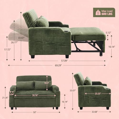 VINGLI Green Futon Sofa Bed Convertible Loveseat Sleeper Sofa Couch, Corduroy Pullout Sofa Fold Out Couch Bed with USB Ports, Cup Holders, Armrest for Living Room, Bedroom Apartment Room VINGLI