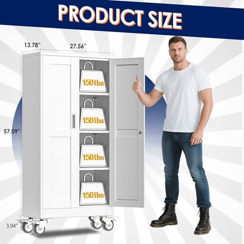 erosoei 61" H Metal Garage Storage Cabinet, Rolling Tool Cabinet with 2 Doors and Wheels, Locker Steel Cabinet with 3 Adjustable Shelves, Organization Cabinet for Garage,Office,Home,Gym,School(White) erosoei
