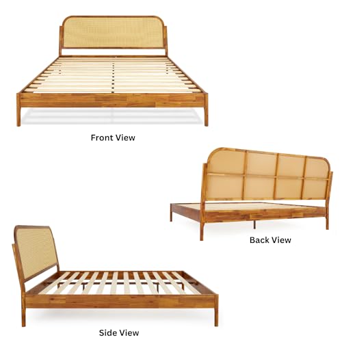 Bme Aurelia King Solid Wood Bed Frame with Rattan Headboard – Bohemian & Mid Century Modern Luxury Bme