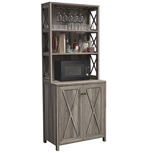 DWVO 67" Tall Wine Bar Cabinet for Liquor and Glasses, Farmhouse Kitchen Cabinet Coffee Bar with Adjustable Shelves, Open Storage Shelves, Buffet Kitchen Cabinet for Dinning Room, Kitchen, Grey Wash DWVO