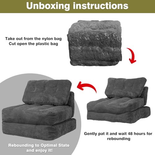 Art3d Folding Sofa Bed, Convertible Sleeper Sofa Bed with Pilow & Back Support, 3 in 1 Long Futon Boneless Couch, Comfy Floor Couch for Living Room, Bedroom, Dark Gray Art3d