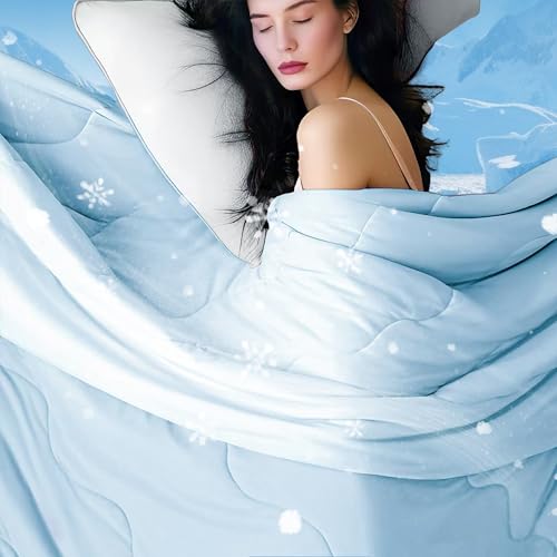 DOWNCOOL Cooling Comforter Queen Size, Blue Cooling Blanket for Hot Sleeper, Lightweight & Breathable Blanket for Night Sweats,Dual-Side Cooling Summer Bedding,90"X90" DOWNCOOL