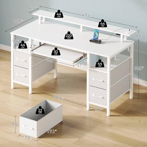 Seventable White Computer Desk with Drawers, Gaming Desk with Keyboard Tray, Office Desk with LED Lights & Power Outlets, 47 inch Writing Desk with Monitor Stand for Small Space Seventable