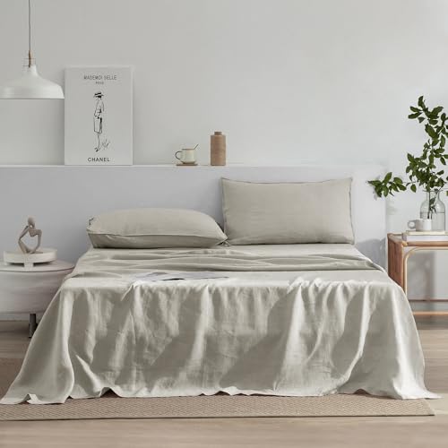 EVERLY Linen Sheets Set Twin Size,100% French Pure Linen Sheets Set,3Pieces (1Flat Sheet,1Fitted Sheet,1Pillowcase) Suitable for Hot Sleepers, Stonewash Not Dyed Deep Pocket Natural Linen Bedding Set EVERLY