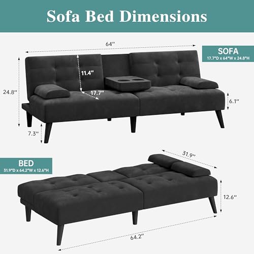 Meilocar 64" Futon Sofa Bed, 64" Convertible Loveseat with 2 Cup Holders, Small Couch with 3 Adjustable Angles & Removable Armrest, Modern Sleeper Sofa for Apartment,5.3 FT, Black Meilocar
