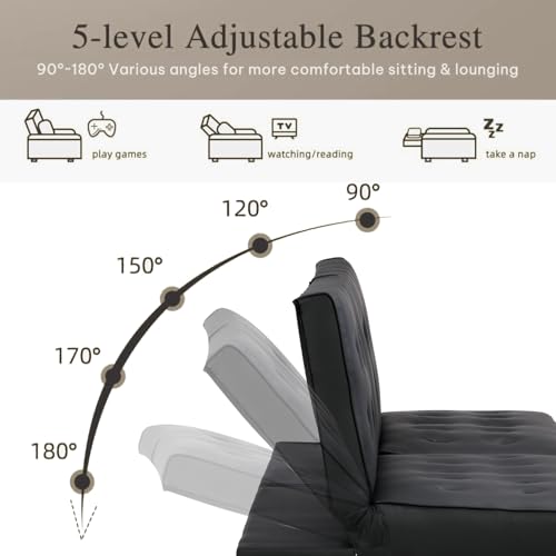 Anwick Sofa Bed, Modern Convertible Folding Futon Couch, Adjustable Sleeper Sofa Bed, Upholstered in Faux Leather for Living Room, Apartment, or Office (Black Leather) Anwick
