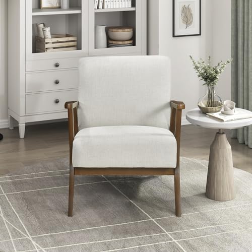 Lexicon Mid-Century Modern Accent Chair, Woven Chenille Fabric Lounge Chair, Chestnut Solid Wood Frame, Wide Arm Rest and Cushioned Comfort for Living Room/Office/Bedroom/Reading Nook, Beige Lexicon
