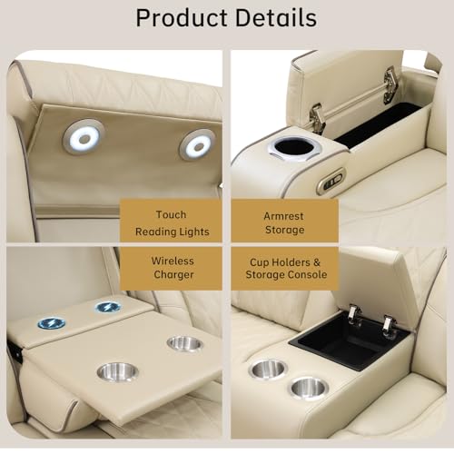 Saxum Tegmen Living Room Furniture Sets, Power Recliner Sectional Sofa with LED Lights, Leather Couch Set, Reclining Sofa for Living Room, Home Theater,and Office (3PCS Set, Beige)