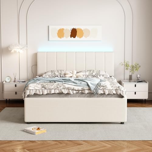 FAVSH Full Size Upholstered Platform Bed with Trundle and 1 Sets of USB, Chenille Fabric Solid Wood Bedframe w/Wood Slats & LED Lights with APP for Bedroom,Beige FAVSH