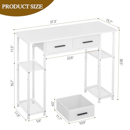 ThreeHio White Vanity Desk No Mirror, Small Makeup Table with Drawers, Girls Vanity Dressing Table with Storage Shlef for Bedroom, 37.3 Inches Compact Vanity for Small Spaces ThreeHio