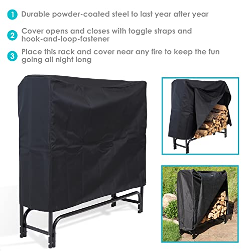 Sunnydaze Outdoor Firewood Log Rack and Cover Combo Set - Black Powder-Coated Steel and PVC - Black Fabric - 4-Foot Sunnydaze