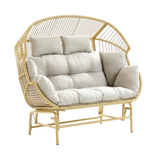 Patio Chairs Outdoor Egg Chair - 2 Person Wicker Rocking Glider Chair Rattan Patio Lounge Rocker Chairs with Cushion and Pillow for Outside Porch Deck Backyard Garden(Yellow/Beige) Pugire