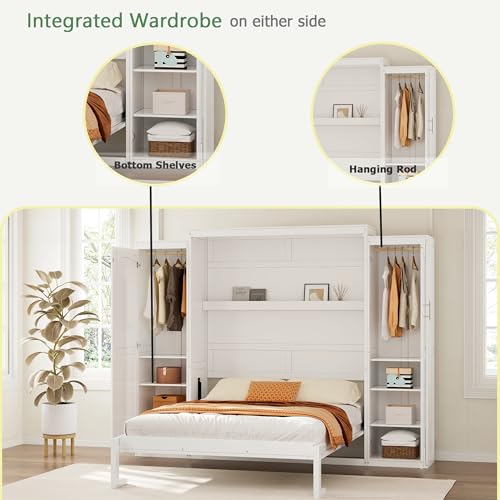Polib Full Size Murphy Bed with Two Wardrobes and Storage Shelf, Space-Saving Wall Cabinet Bed with Foldable Platform Bedframe for Small Bedrooms, Guest Rooms and Apartments (White) Polibi