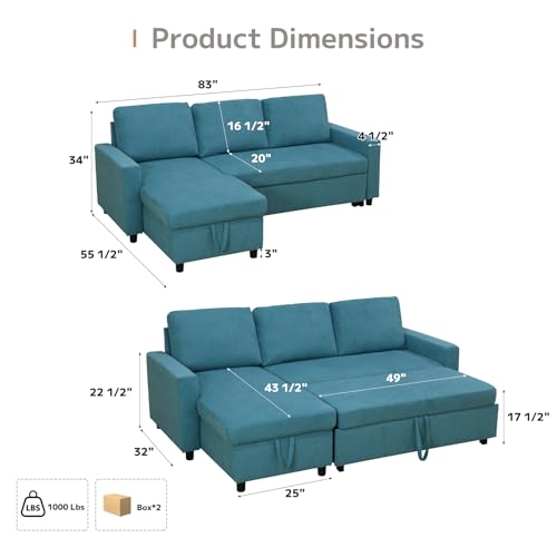 Yafylly L-Shaped Sleeper Sofa with Chaise Lounge & Storage, Pull-Out Couch Bed with Recliner, Full Size Futon for Living Room, Office, Apartment Teal Yafylly