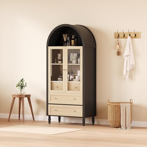 Curtainboro 70in Tall Arched Pantry Cabinet, Wooden Kitchen Bookcase Storage Cabinet with LED Light 3 Drawers Adjustable Shelves Glass Door for Kitchen Living Dining Room, Oak & Black Curtainboro