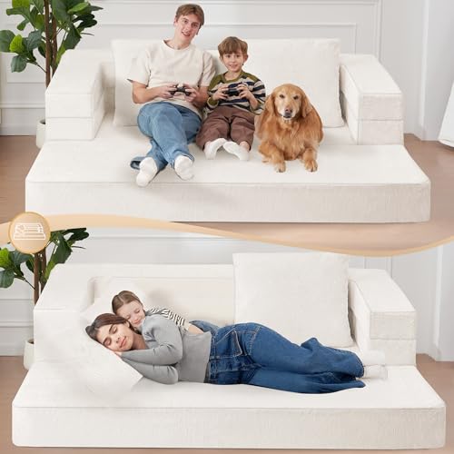 Cansunna Futon Sofa Bed with Pillow, 3-in-1 Sleeper Sofa Bed with Removable Cover, Convertible Floor Sofa Bed, No Assembly Boneless Couch for Living Room, Bedroom Cansunna