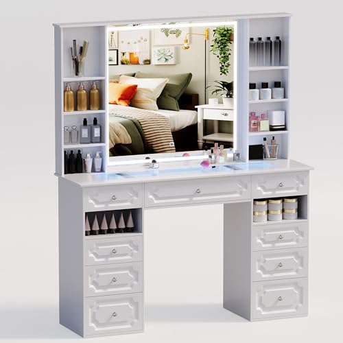 Wildhome Vanity with Mirror and Light, Vanity with Glass Top and 9 Drawers, Dresser Set with Storage Bench, Adjustable Brightness Dresser (White, Glass Table-B) Wildhome