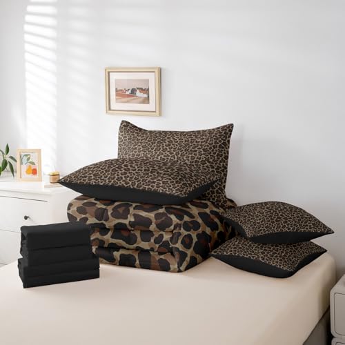 Erosebridal Leopard Print 7 Pieces Comforter Set Twin Size,Cheetah Printed Bedding Set for Women,Brown Camo Print Bed Set Includes Comforter, Sheet Set, Pillowcases & Pillow Covers for All Season Erosebridal