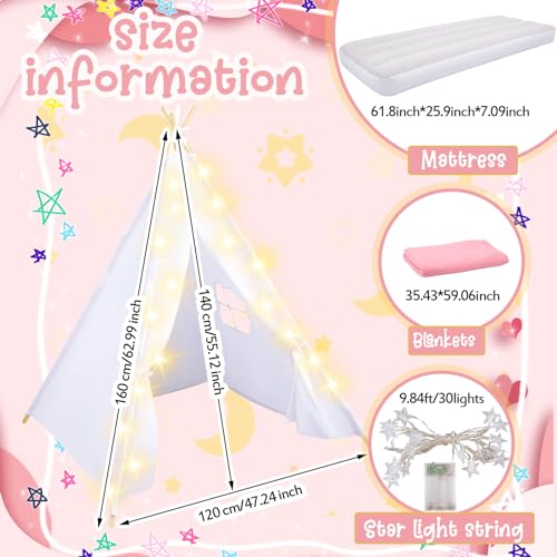 Windyun 4 Pack Kids Teepee Tent for Slumber Party with Mattress and Lights, Sleepover Tents for Girls Boys Indoor Outdoor Cotton Teepee with Airbed Tray Blanket Birthday Party Supplies(White) Windyun