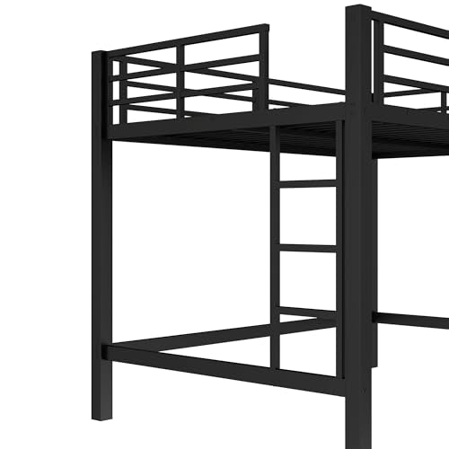 Full Size Metal Loft Bed with Safety Guardrails & Dual-Side Ladders for Kids Teens Adults,Heavy Duty Metal Loft Bed Frame with Sturdy Steel Slats & Large Under-Bed Space for Student Bedroom Dorm,Black FUvellamo