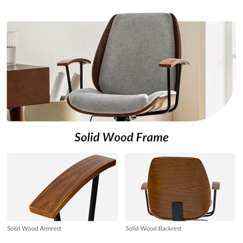 HULALA HOME Solid Wood Office Chair with Rocking Function, Comfy Fabric Desk Chair with Bent Wood and Metal Base, Height Adjustable Swivel Computer Task Chair, Grey HULALA HOME